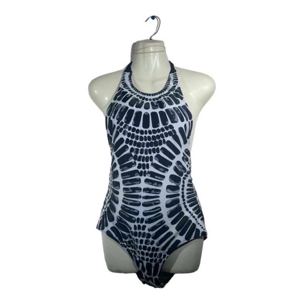 Beach Bum Womens One Piece Bathing Suit Halter Full Coverage Black White Size L